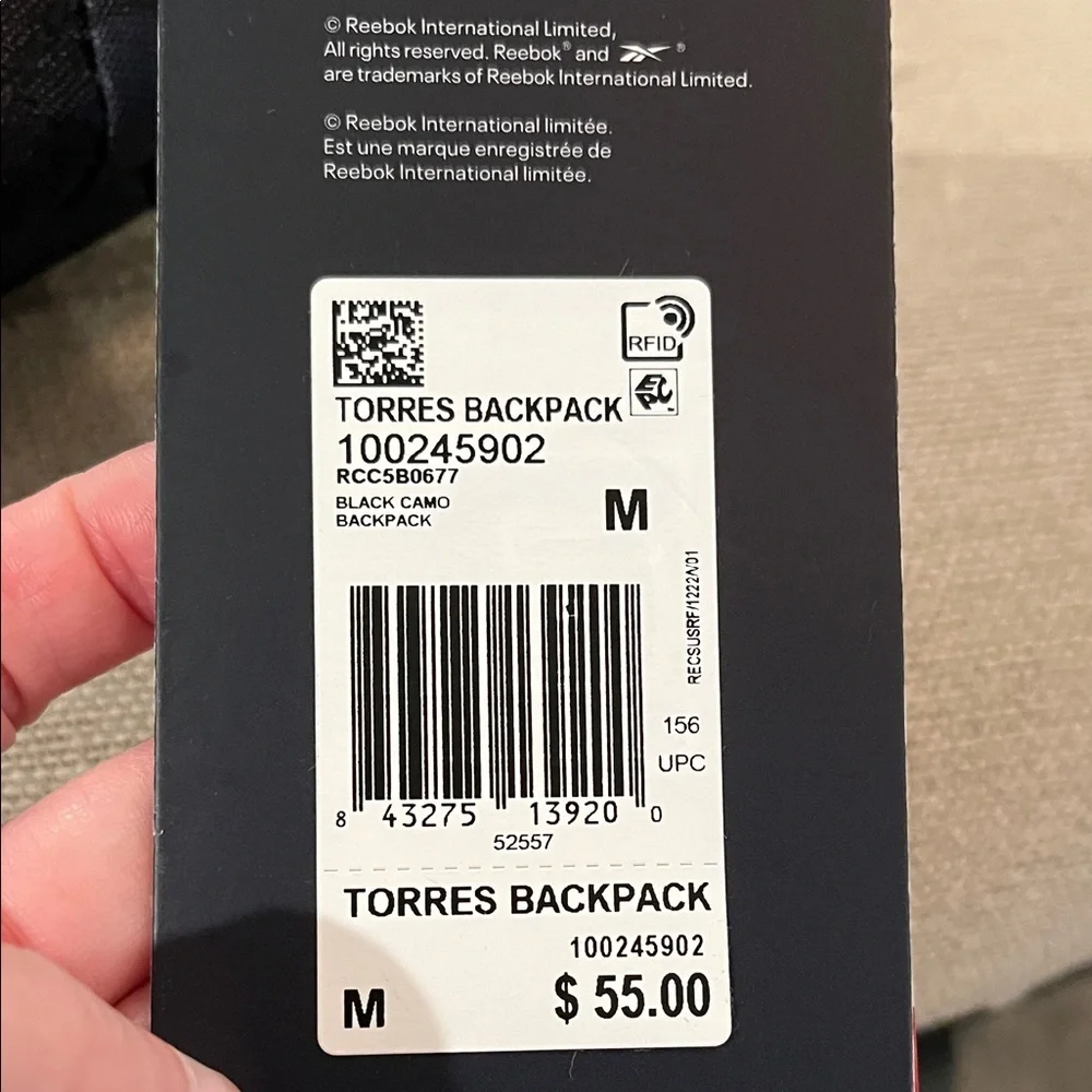 Reebok Black Camo Torres Backpack/NWT